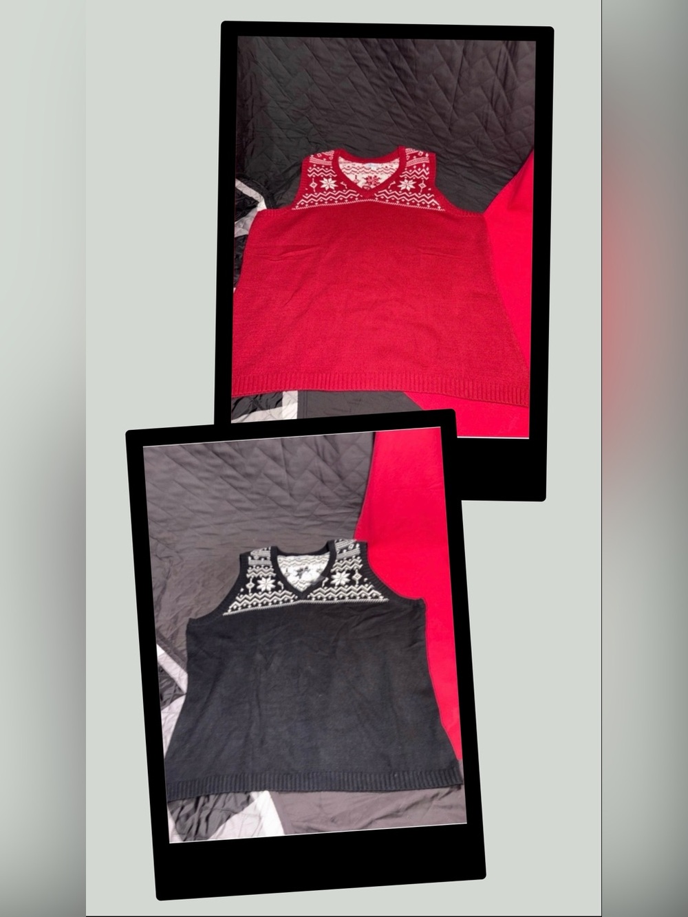 *2 Denim&Co V-Neck Sweater Vests Red & Black with Nordic Yoke #1201/02